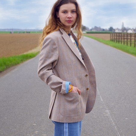 Veste oversize beige à carreaux ciel