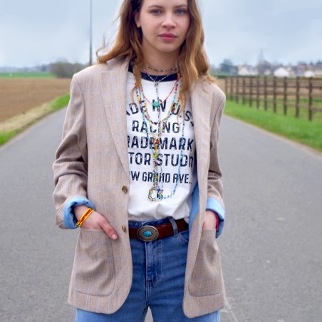 Veste oversize beige à carreaux ciel