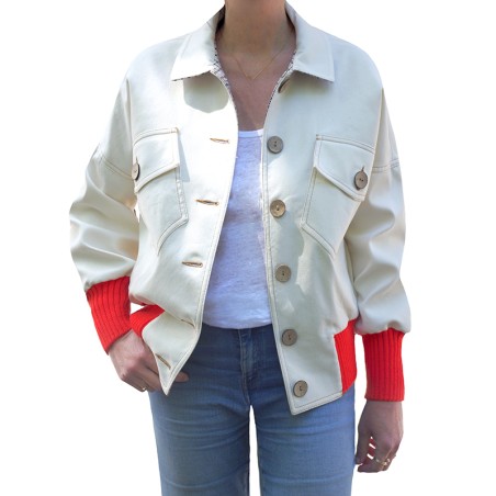 Blouson blanc bord côte orange