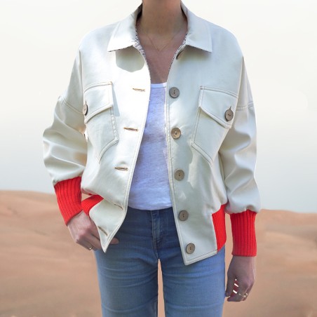 Blouson blanc bord côte orange