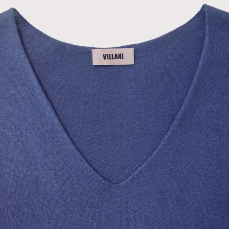 Pull col V manches longues bleu denim