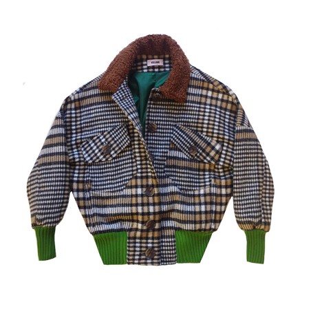 Blouson à grand carreaux prince de Galles et col fourrure marron