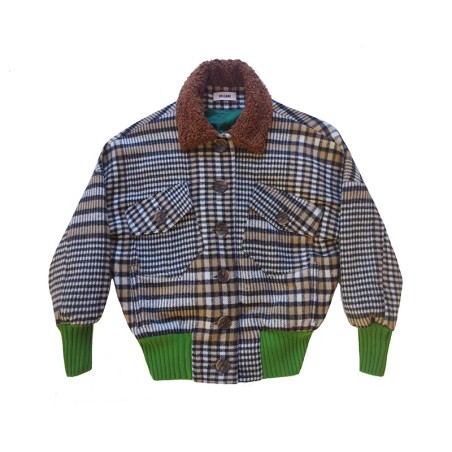 Blouson à grand carreaux prince de Galles et col fourrure marron