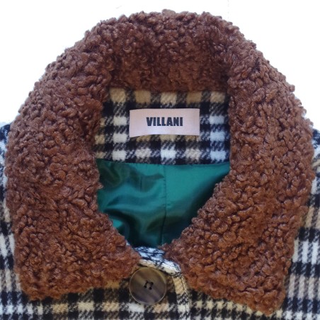 Blouson à grand carreaux prince de Galles et col fourrure marron