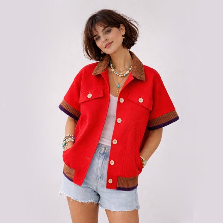 Blouson rouge manches courtes avec bord côte cognac et marine