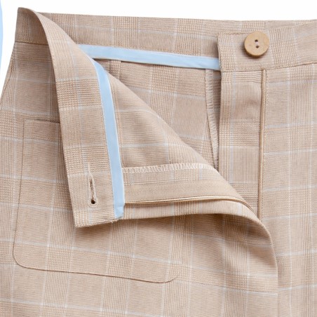 Pantalon à carreaux prince de galles beige et bleu ciel