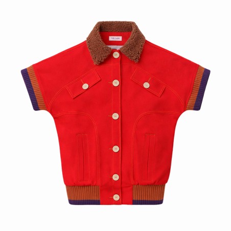 Blouson rouge manches courtes avec bord côte cognac et marine