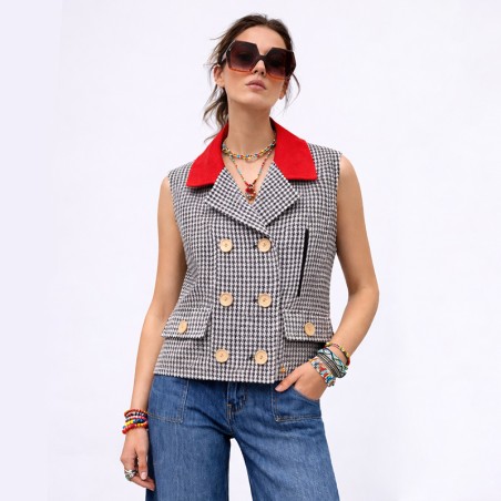 Veste sans manches pied de poule et rouge