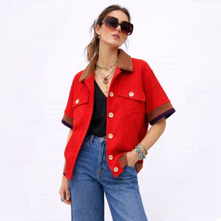 Blouson rouge manches courtes avec bord côte cognac et marine