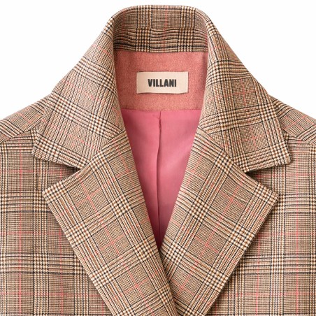 Caban à carreaux prince de galles beige et rose
