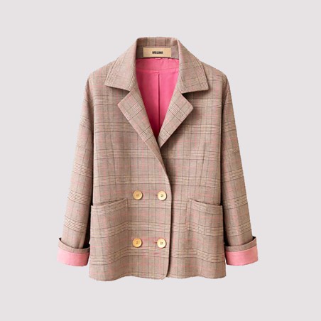 Caban à carreaux prince de galles beige et rose