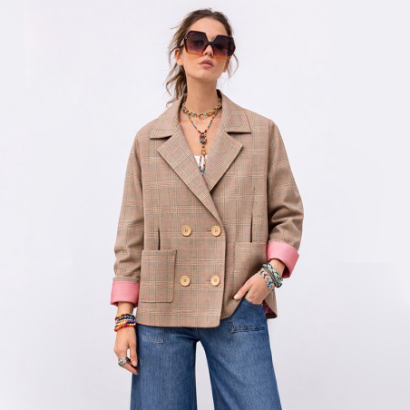 Caban à carreaux prince de galles beige et rose