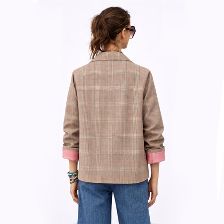 Caban à carreaux prince de galles beige et rose