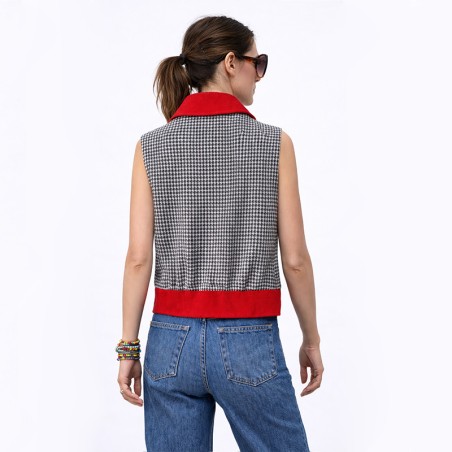 Veste sans manches pied de poule et rouge