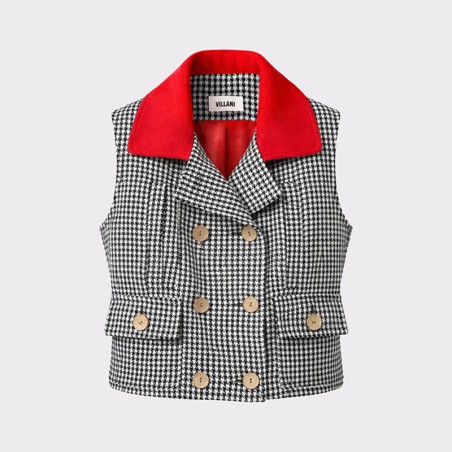 Veste sans manches pied de poule et rouge