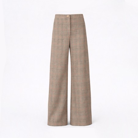 Pantalon prince de galles beige à carreaux rose