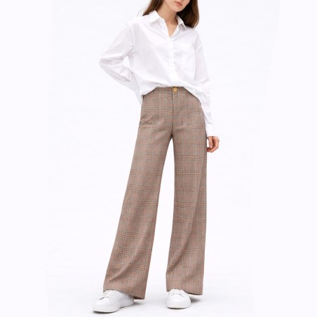 Pantalon prince de galles beige à carreaux rose