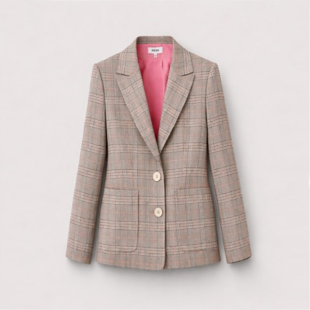 Veste blazer à carreaux prince de galles beige et rose