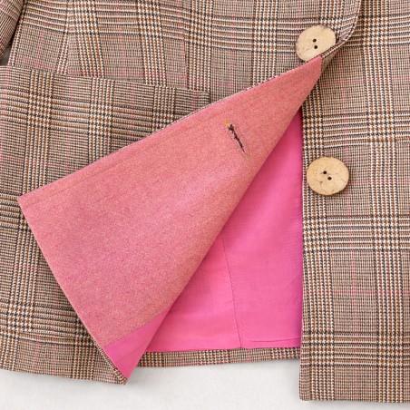 Veste blazer à carreaux prince de galles beige et rose