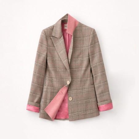 Veste blazer à carreaux prince de galles beige et rose