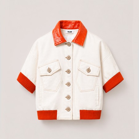 Blouson écru manches  courtes avec bord côte et col orange