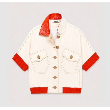 Blouson écru manches  courtes avec bord côte et col orange