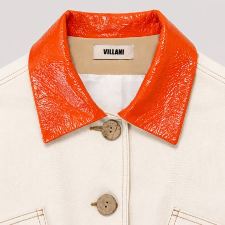Blouson écru manches  courtes avec bord côte et col orange
