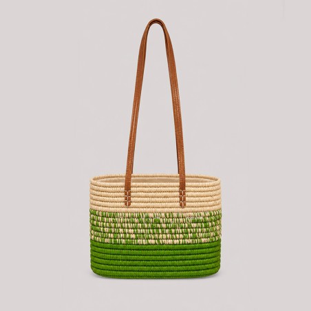 Sac raphia naturel et vert avec anses en cuir