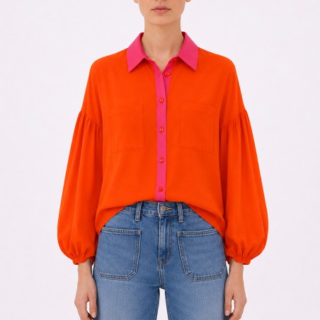 Chemisier fluide manches bouffantes orange et fuchsia