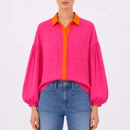 Chemisier fluide avec manches bouffantes fuchsia et orange