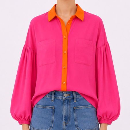 Chemisier fluide avec manches bouffantes fuchsia et orange