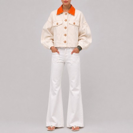 Blouson en coton blanc cassé manches ballon avec col orange
