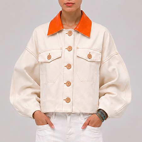 Blouson en coton blanc cassé manches ballon avec col orange