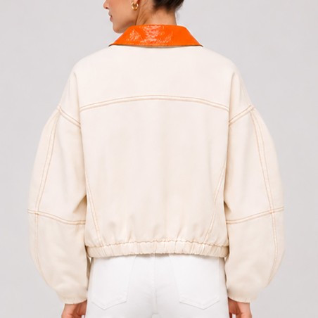 Blouson en coton écru manches ballon avec col orange