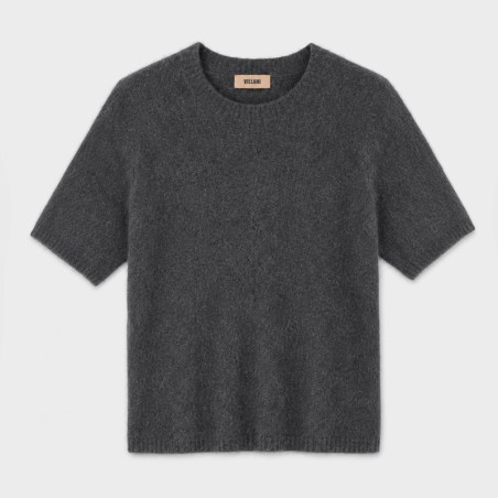 Pull col rond manches courtes gris anthracite en maille duveteuse