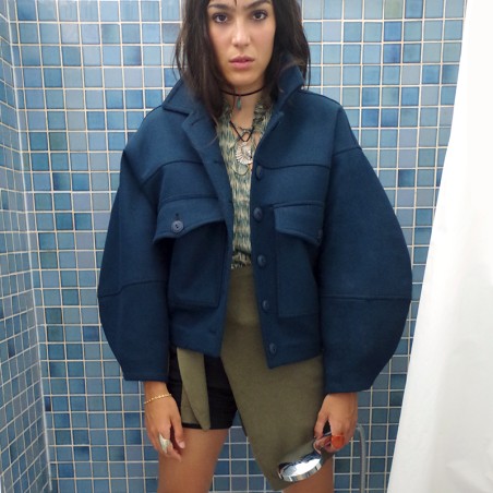 Veste blouson manches ballons en laine bleu pétrole
