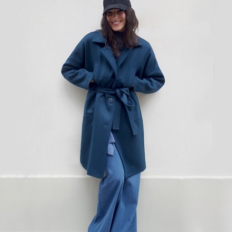 Manteau en drap de laine bleu canard