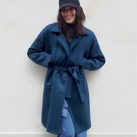 Manteau en drap de laine bleu pétrole