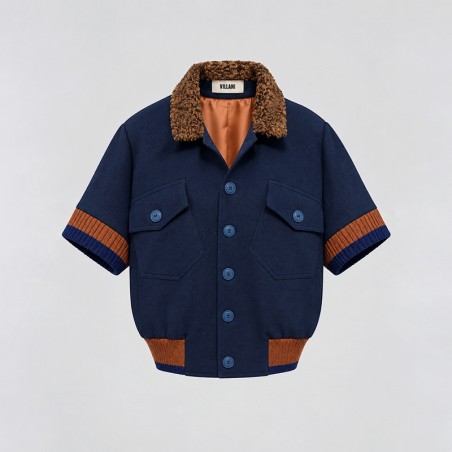 Blouson marine manches courtes avec bord côte rayé caramel et bleu