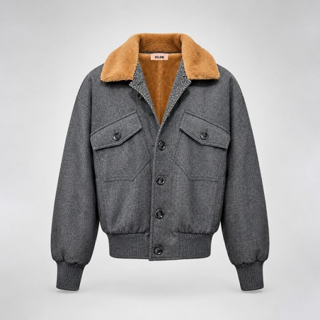 Blouson en flanelle grise doublé en fausse fourrure beige
