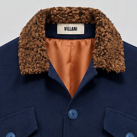 Blouson marine manches courtes avec bord côte rayé caramel et bleu