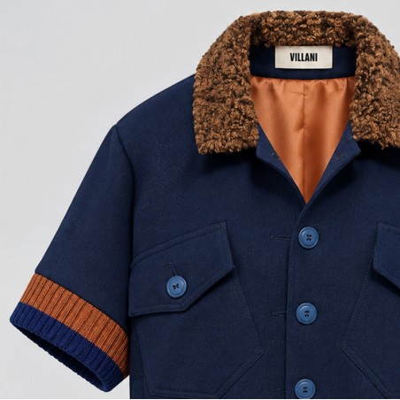 Blouson marine manches courtes avec bord côte rayé caramel et bleu