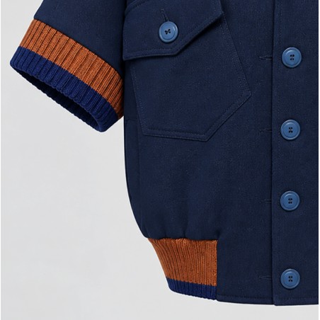 Blouson marine manches courtes avec bord côte rayé caramel et bleu