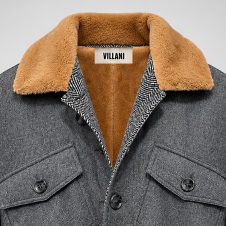 Blouson en flanelle grise doublé en fausse fourrure beige