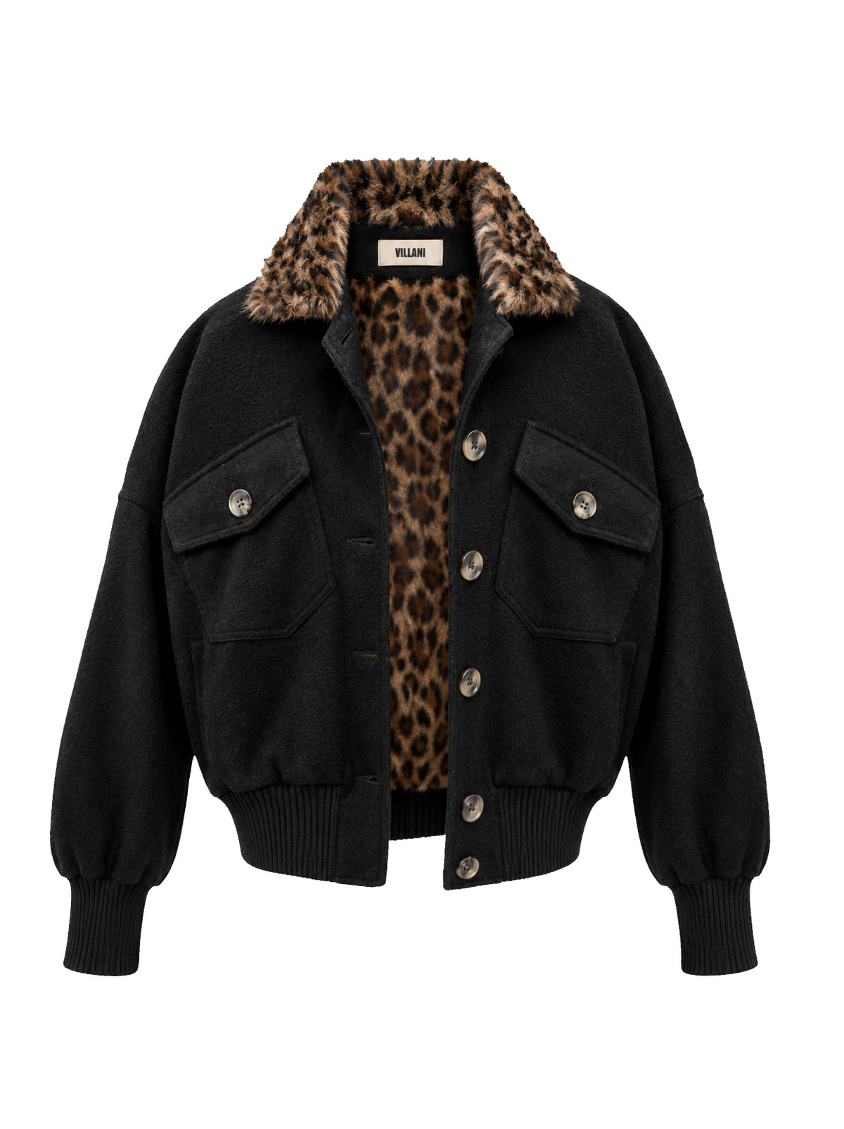 Black jacket with leopard faux fur lining