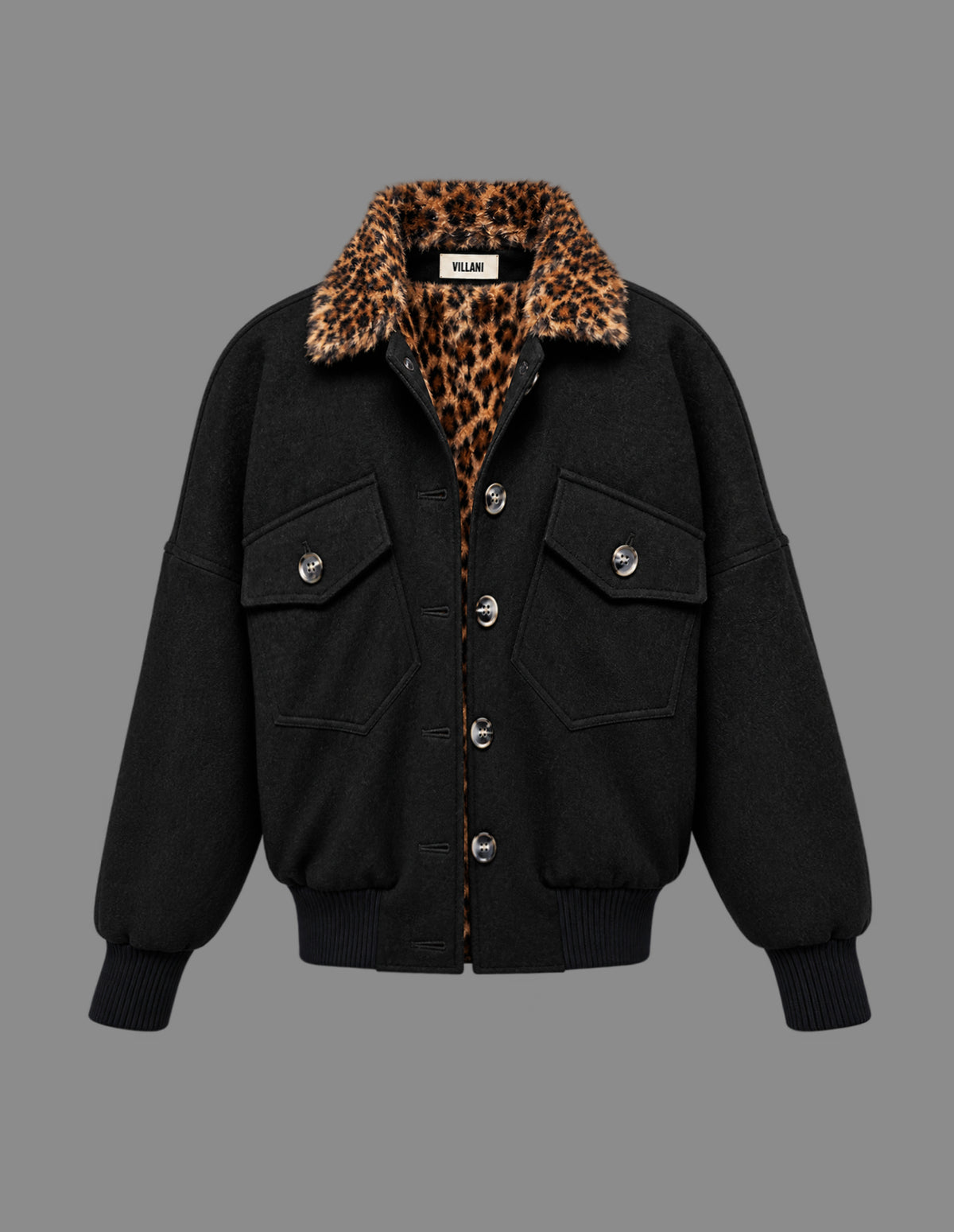 Black jacket with leopard faux fur lining