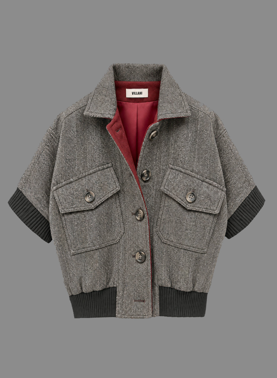Blouson manches courtes en laine chevron gris avec bord côte noir