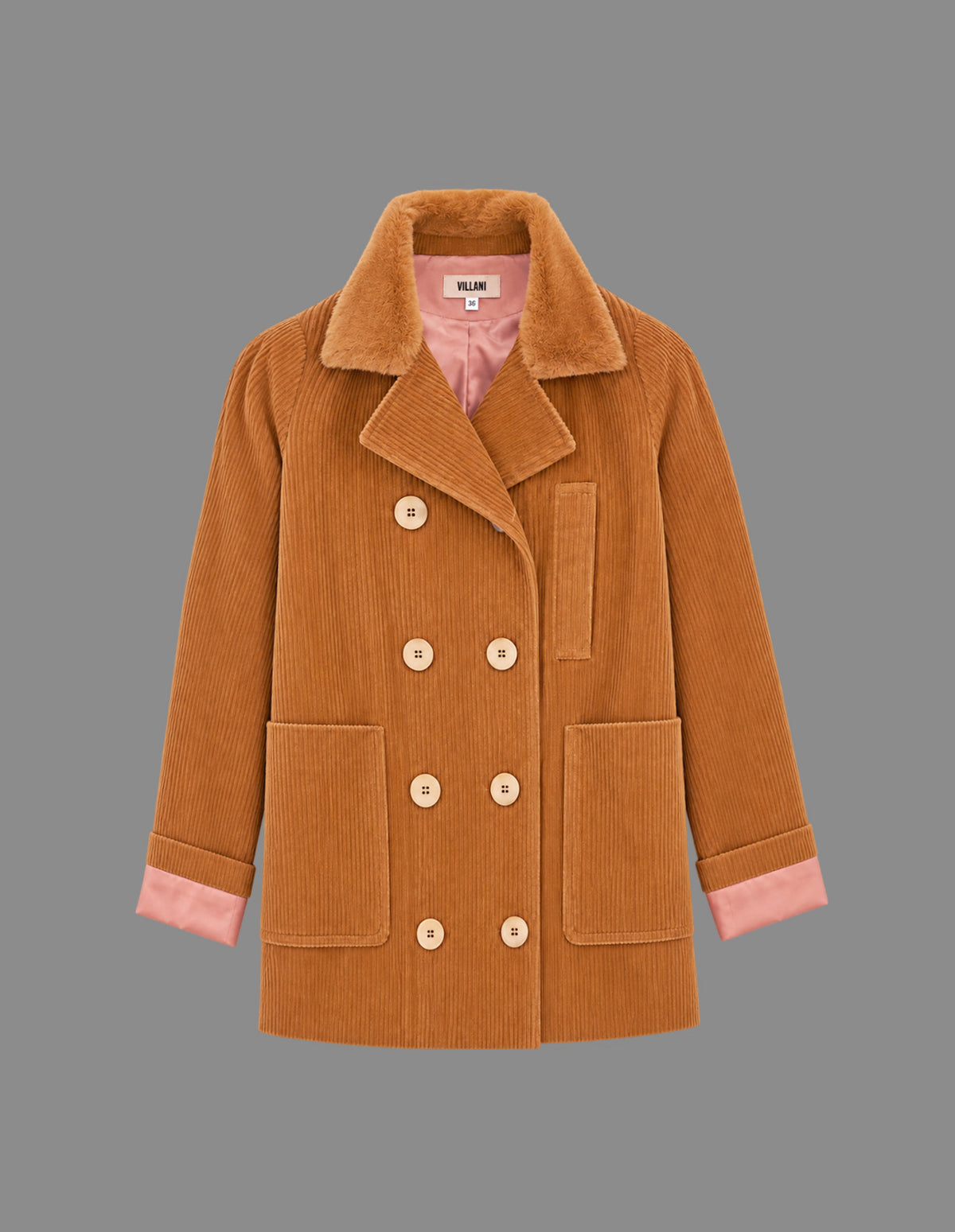Camel beige corduroy double-breasted pea coat