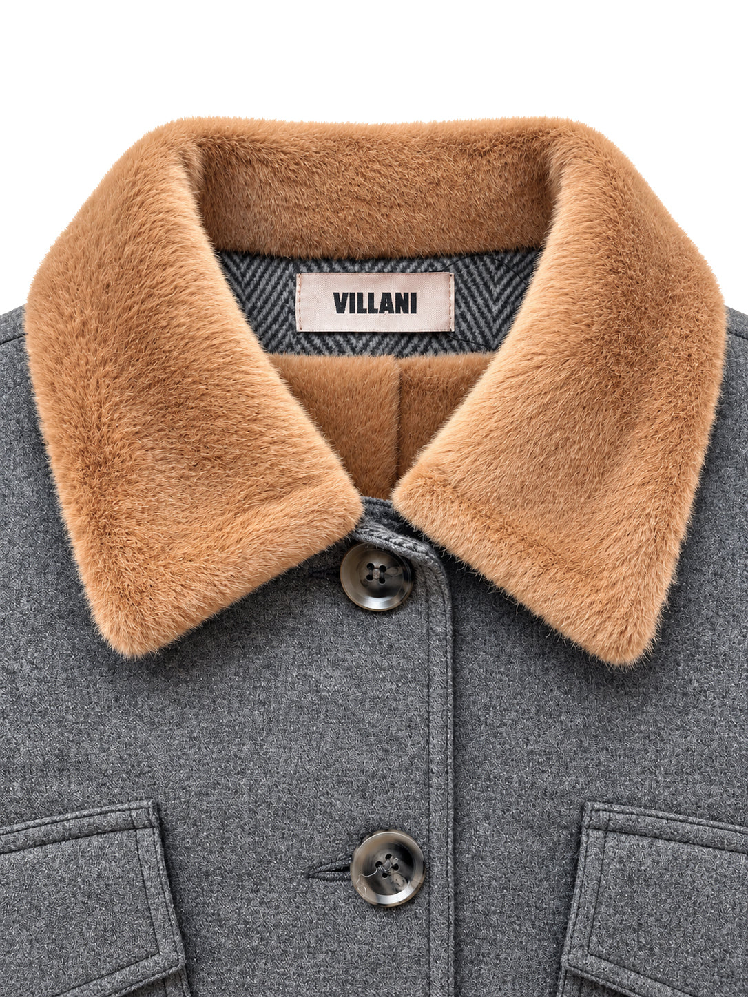 Grey flannel jacket lined with beige faux fur