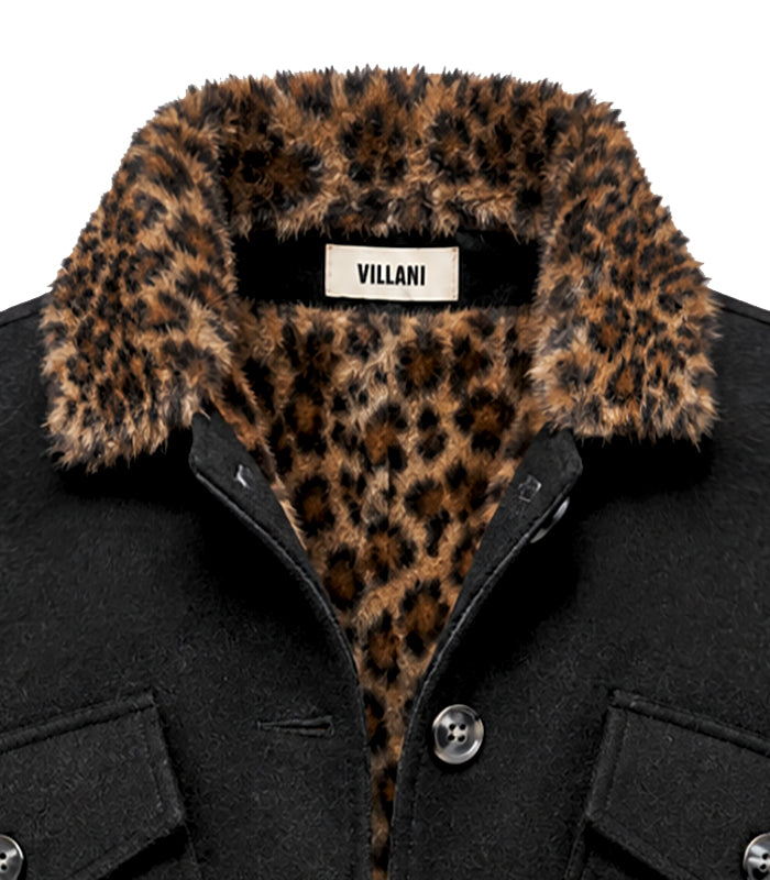 Black jacket with leopard faux fur lining